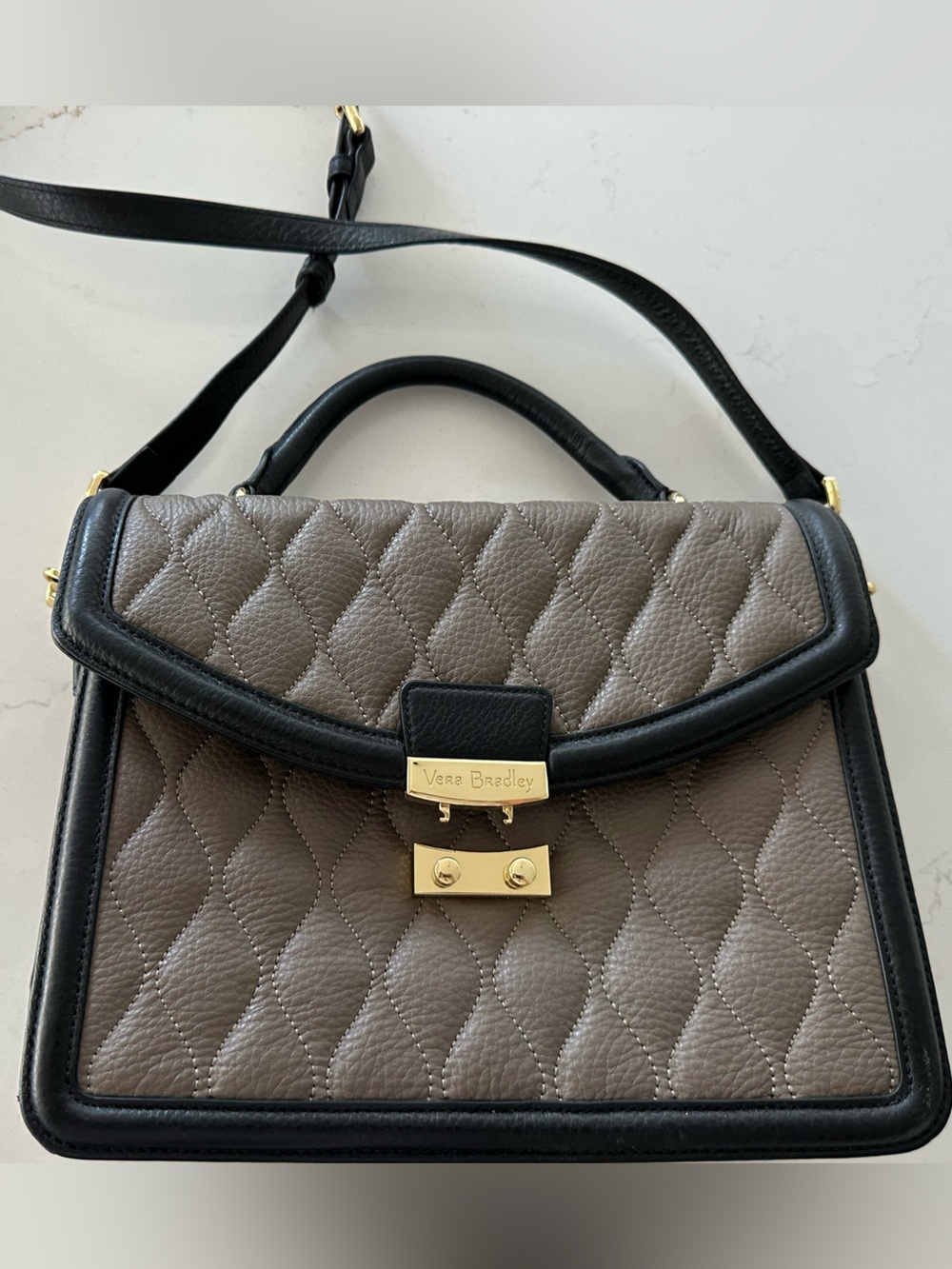 Vera Bradley Quilted Taupe Satchel with Black Trim and Gold Hardware